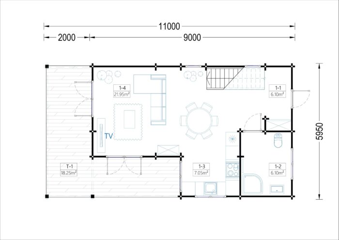 Blockbohlenhaus TURIN (66 mm), 100 m² + 20m² Terrasse